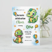 Dinosaurier Cartoon Boy First Birthday Party Einladung (Stehend Vorderseite)