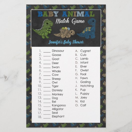 Dinosaurier Chalkboard Baby Shower Animal Match Ga (Vorderseite)