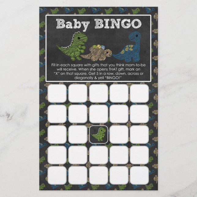 Dinosaurier Chalkboard Baby Shower Game BINGO Kart (Vorderseite)