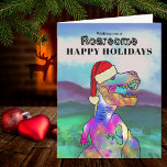 Dinosaurier Christmas T Rex Santa Personalisiert Karte<br><div class="desc">Zeit für Weihnachten Dinosaurier Spaß mit diesem beängstigenden bunten T-Rex in einer Weihnachtsmannmütze. Fügen Sie Ihren Familiennamen hinzu und wünschen Ihren Freunden einen unterhaltsamen prähistorischen Jurassic Dinosaurier glücklichen Urlaub. Stellen Sie sicher, dass Sie nicht unartig sind, aber nette oder beängstigende Dinosaurier werden nach Ihnen sein. Feierliche Tyrannosaurus rex, der perfekte...</div>