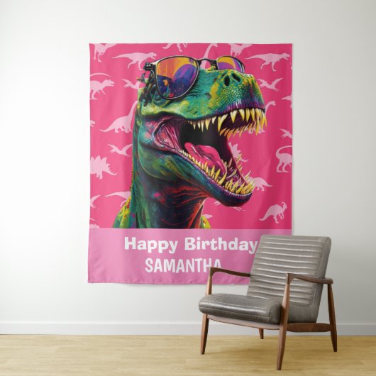 Dinosaurier Cool T Rex Rosa Hintergrund Wandteppich (Beispiel)