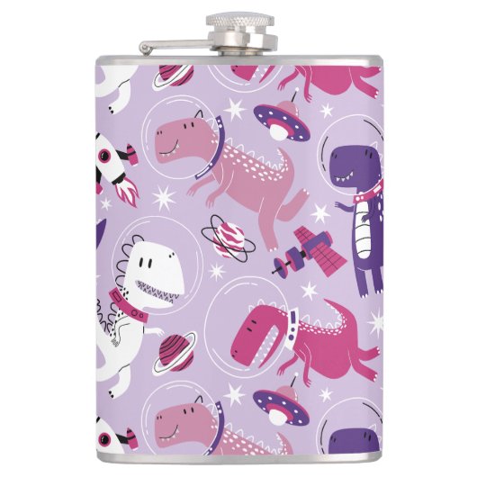 Dinosaurier, Cute Dinosaurier, Sterne, Raumschiff Flachmann (Vorderseite)