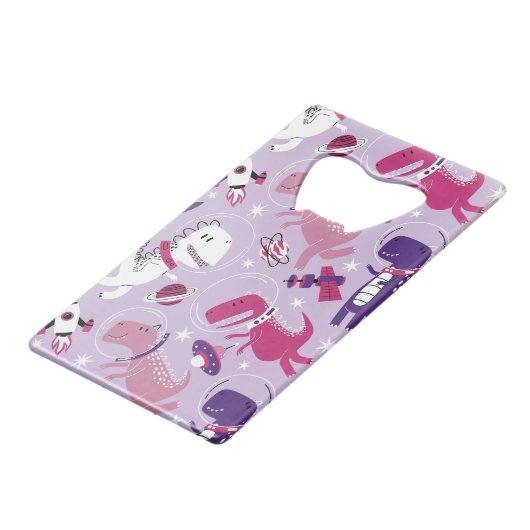 Dinosaurier, Cute Dinosaurier, Sterne, Raumschiff Geldbeutel Flaschenöffner (Rückseite Schrägansicht)