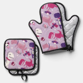 Dinosaurier, Cute Dinosaurier, Sterne, Raumschiff Ofenhandschuh & Topflappen-Set (Vorderseite/Rückseite)