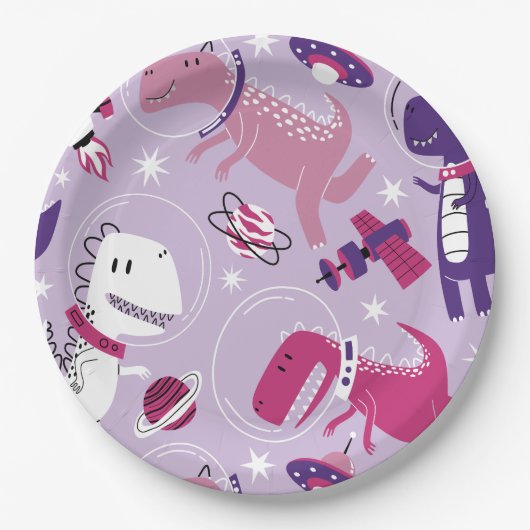 Dinosaurier, Cute Dinosaurier, Sterne, Raumschiff Pappteller (Vorderseite)