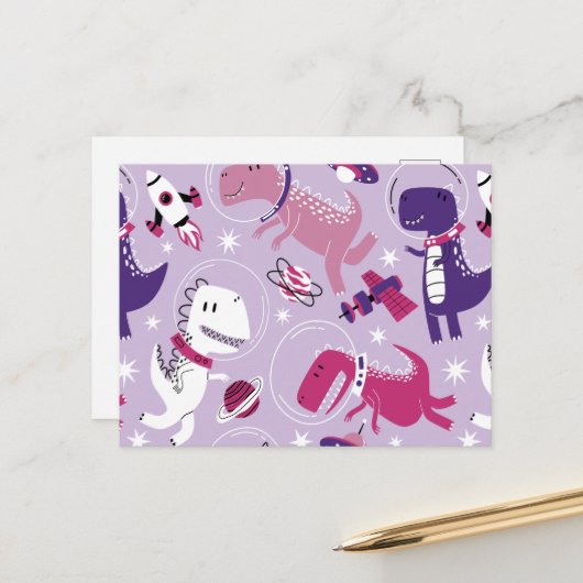 Dinosaurier, Cute Dinosaurier, Sterne, Raumschiff Postkarte (Vorderseite/Rückseite Beispiel)