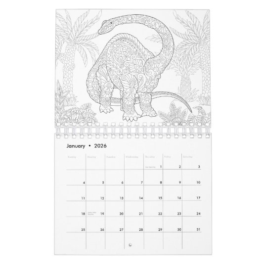 Dinosaurier, die Seiten färben Kalender (Jan 2026)