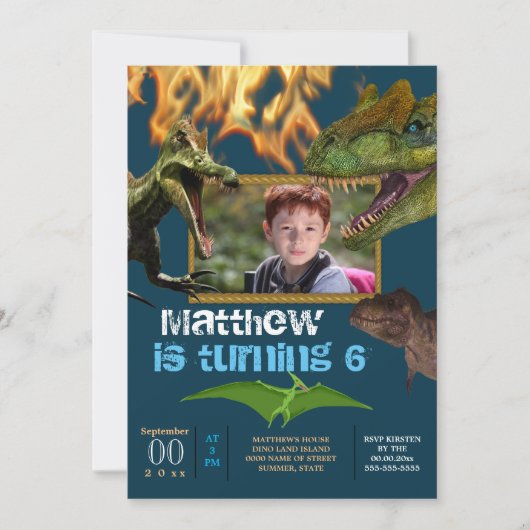 Dinosaurier DIY Foto Jungs Themenparty brennt blau Einladung (Vorderseite)