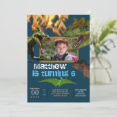 Dinosaurier DIY Foto Jungs Themenparty brennt blau Einladung (Stehend Vorderseite)