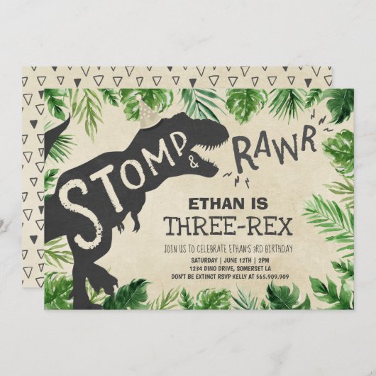 Dinosaurier Drei-Rex Geburtstag Einladung Boy Dino (Vorne/Hinten)