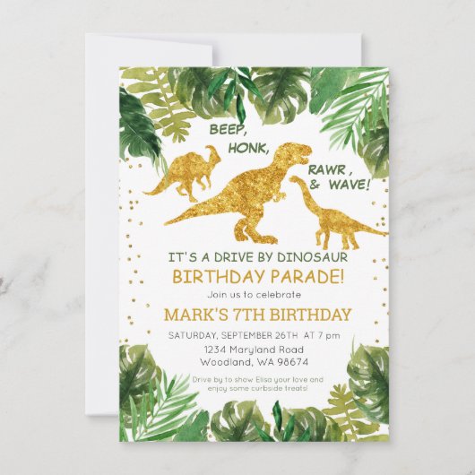 Dinosaurier Drive By Birthday Parade Einladung (Vorderseite)