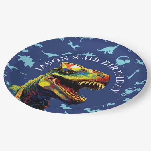 Dinosaurier Eine rauschende gute Zeit steht bevor Pappteller (Schrägansicht)