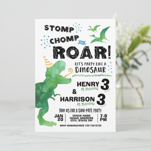 Dinosaurier Einladung für zwei Geburtstage (Stehend Vorderseite)