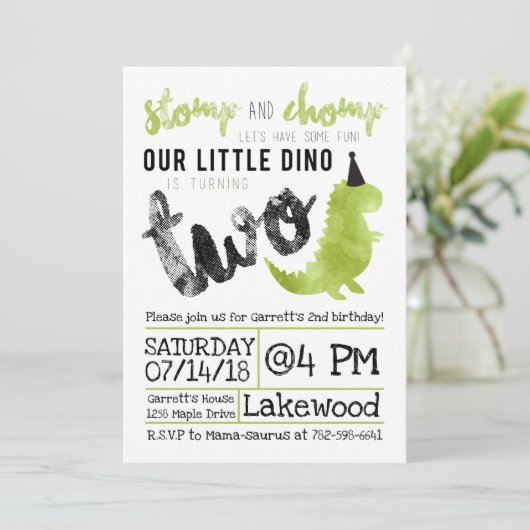 Dinosaurier Einladung Stomp und Chomp 2. Geburtsta (Stehend Vorderseite)