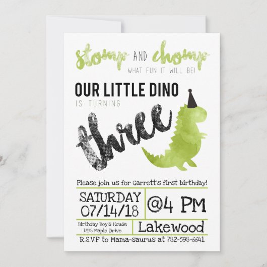 Dinosaurier Einladung Stomp und Chomp Dritter Gebu (Vorderseite)