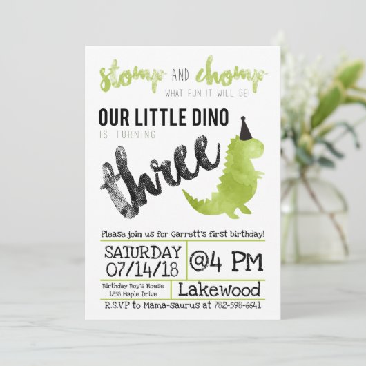 Dinosaurier Einladung Stomp und Chomp Dritter Gebu (Stehend Vorderseite)