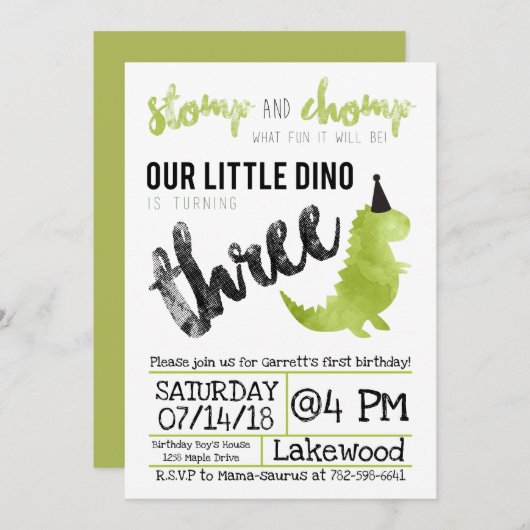 Dinosaurier Einladung Stomp und Chomp Dritter Gebu (Vorne/Hinten)