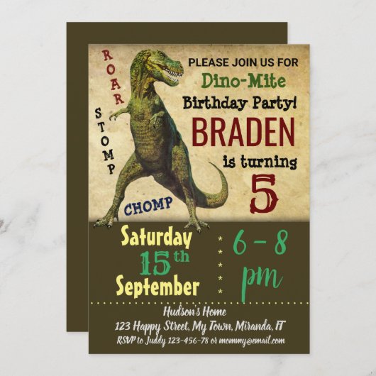 Dinosaurier Einladung zum Geburtstag (Vorne/Hinten)
