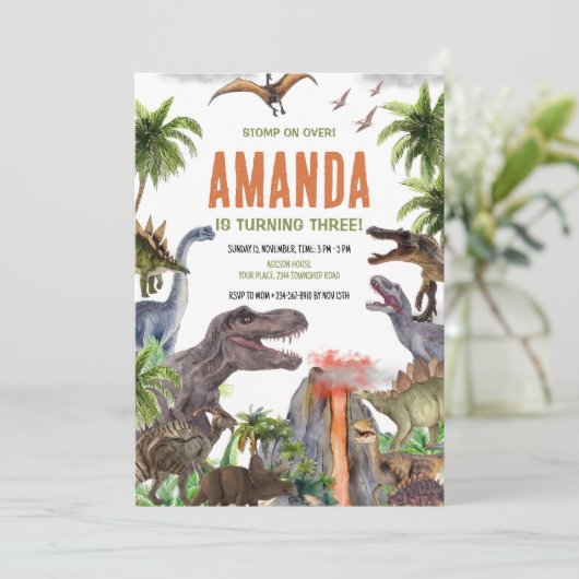 Dinosaurier Einladung zum Geburtstag, Dinosaur Geb (Stehend Vorderseite)