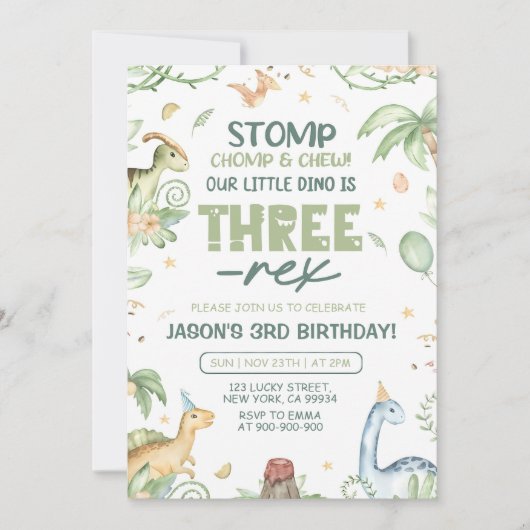 Dinosaurier Einladung zum Geburtstag, EDITABLE Thr (Vorderseite)