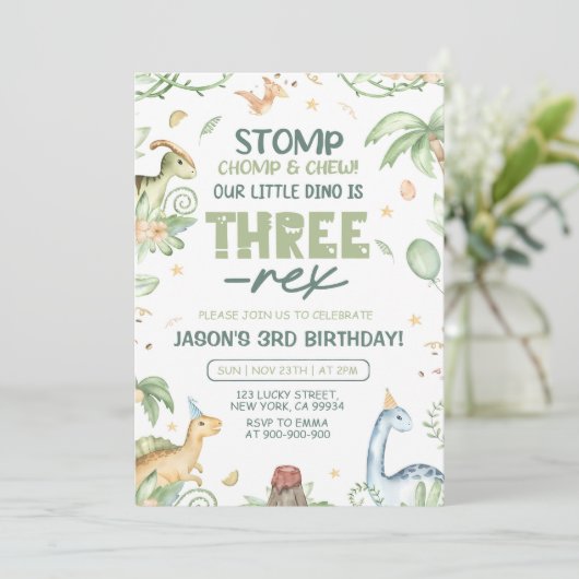 Dinosaurier Einladung zum Geburtstag, EDITABLE Thr (Stehend Vorderseite)