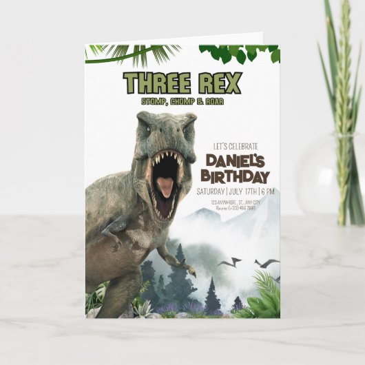 Dinosaurier Einladung zum Geburtstag Einladung Dre (Vorderseite)