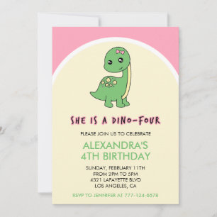 Dinosaurier-Einladungen Mädchen 4. Geburtstag rosa Einladung