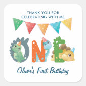Dinosaurier Erster Geburtstag Danke, Square Sticke Quadratischer Aufkleber (Vorderseite)