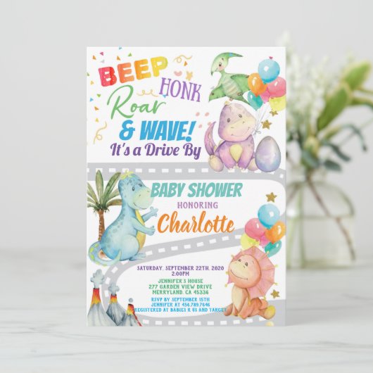 Dinosaurier-Fahrt durch Babydusche Einladung (Stehend Vorderseite)