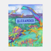 Dinosaurier farbenfrohe Personalisierte blaue Fleecedecke (Vorderseite)