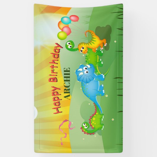Dinosaurier Farbige Balloons Kinder Grün Geburtsta Banner (Vertikal)