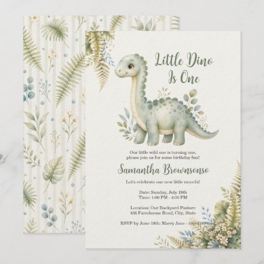 Dinosaurier-Farn Erster Geburtstag Einladung (Vorne/Hinten)