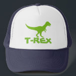 Dinosaurier-Fernlastfahrerhut des Tyrannosaurus T Truckerkappe<br><div class="desc">Grüner trex Dinosaurier-Fernlastfahrerhut personalisiert mit Kindernamen. Niedlicher prähistorischer t rex Kappenentwurf für Jungengeburtstags-Party. Machen Sie ein für Sohn,  Enkel,  Bruder etc. wildes vor historisches t-rex TierCartoonillustration für Kinder. Tyrannosaurus rex. Personalizable mit Namen. Süße Geschenkidee für Geburtstags-Gastgeschenk.</div>
