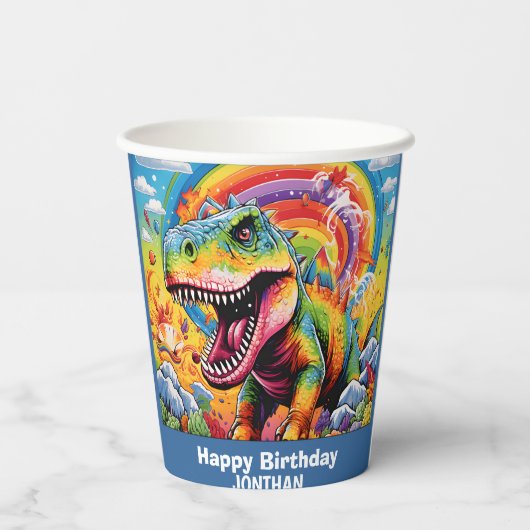 Dinosaurier Geburtstag bunt niedlich Pappbecher (Rückseite)