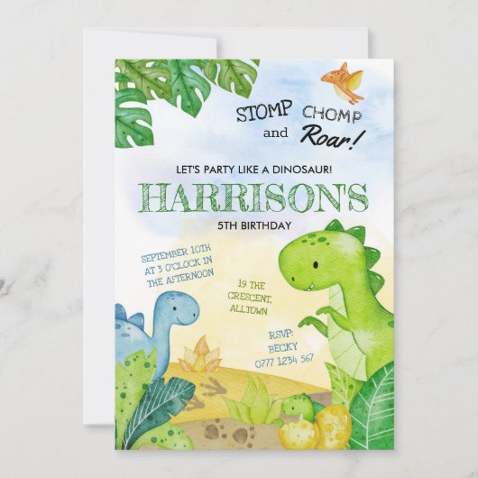 Dinosaurier Geburtstag Einladung Stomp, Chomp & Ro (Vorderseite)