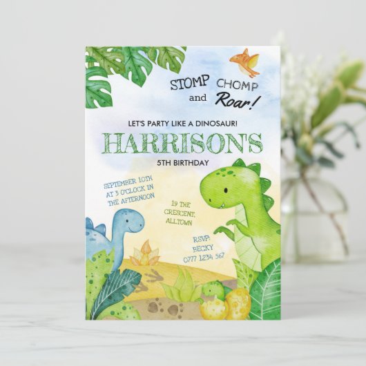 Dinosaurier Geburtstag Einladung Stomp, Chomp & Ro (Stehend Vorderseite)
