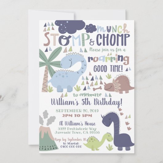 Dinosaurier Geburtstag Einladung Stomp und Chomp (Vorderseite)