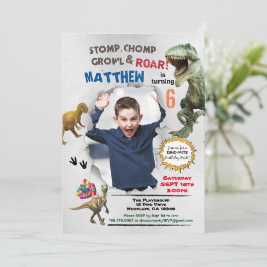 Dinosaurier Geburtstag Foto Einladung rustikal (Stehend Vorderseite)