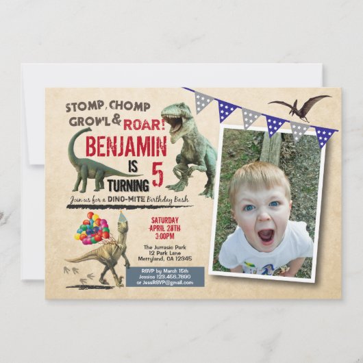 Dinosaurier Geburtstag Foto Einladung rustikal (Vorderseite)