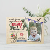 Dinosaurier Geburtstag Foto Einladung rustikal (Stehend Vorderseite)