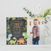 Dinosaurier Geburtstag mit Foto Einladung (Stehend Vorderseite)
