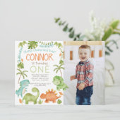 Dinosaurier Geburtstag mit Foto Einladung (Stehend Vorderseite)