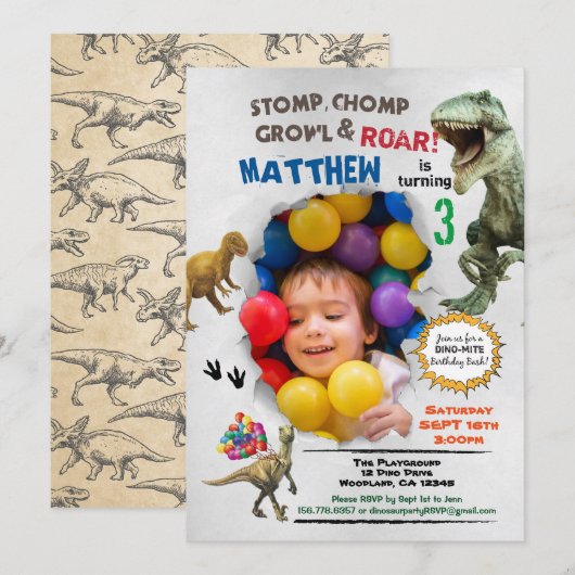 Dinosaurier Geburtstags-Foto Einladung farbig (Vorne/Hinten)