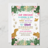 Dinosaurier-Geburtstags-Mädchen-Goldrosa verlässt Einladung (Vorderseite)