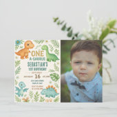 Dinosaurier Geburtstagseinladungen mit Foto Feiertagskarte (Stehend Vorderseite)