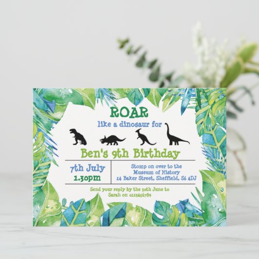 Dinosaurier-Geburtstagsfeier Einladung (Stehend Vorderseite)