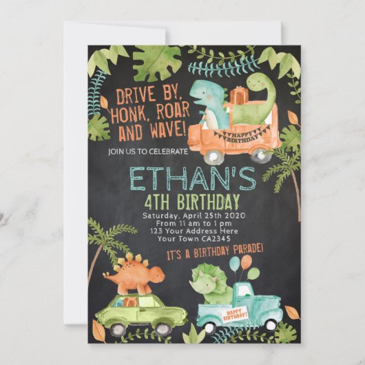 Dinosaurier Geburtstagsparade Einladung (Vorderseite)