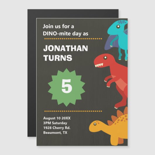 Dinosaurier Geburtstagsparty Magneteinladung (Vorne/Hinten)