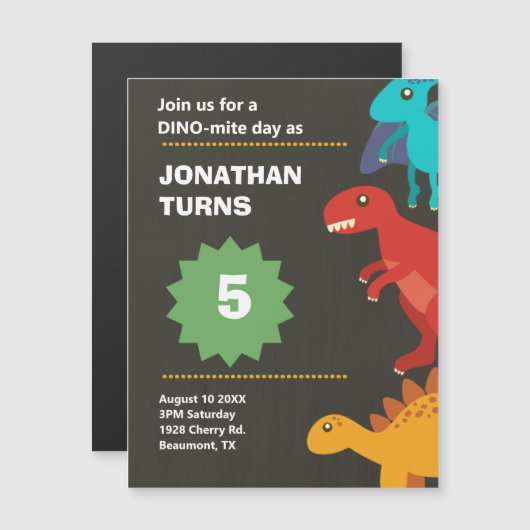 Dinosaurier Geburtstagsparty Magneteinladung (Vorne/Hinten)