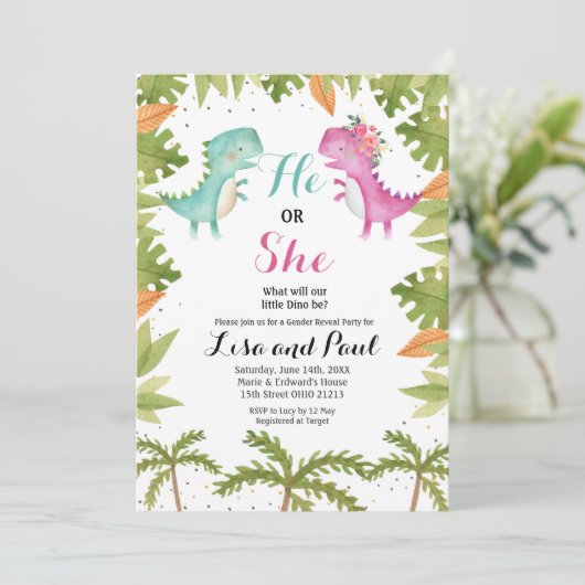 Dinosaurier-Gender-Einladung Einladung (Stehend Vorderseite)